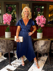 The Everly- Navy Belt Detail Pleated Maxi Dress