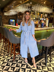 The Daria - Blue Pin Stripe Belted Maxi Dress