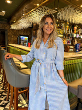 The Daria - Blue Pin Stripe Belted Maxi Dress