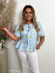 The Lacie - Lemon Print Front Tie Blouse