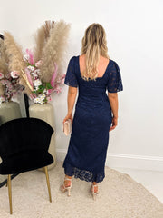 The Elaine - Navy Ruched Midi Dress