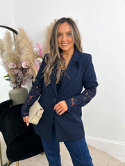 The Alix - Navy Lace Sleeve Blazer