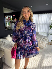 The Halle - Purple Floral Watercolour Puffball Dress
