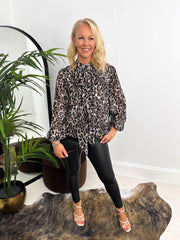 The Bethany - Leopard Print Tie Neck Floaty Blouse