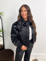 The Ava - Satin Bomber with Floral Embellishment