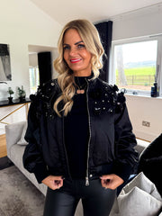 The Ava - Satin Bomber with Floral Embellishment