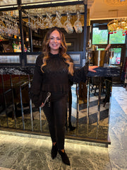 The Gabby - Black Leaf Print Frill Hem Blouse