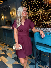 The Evie - Plum Tulip Sleeve V-Neck Mini Dress