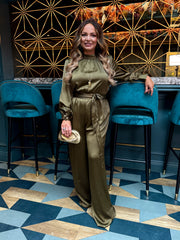 The Mary - Green Satin Long Sleeve Jumpsuit
