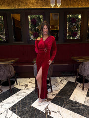 The Trina - Velvet & Diamanté Cross Over Maxi Dress with Gold Detailing
