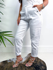 The Felicia - White Denim Silver Button Mom Jeans