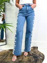 The Bella - Embroidered Floral Lace Panel Jeans