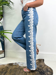 The Bella - Embroidered Floral Lace Panel Jeans