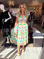 The Nicole - Mint and Pink Watercolour Floral Tiered Midi Dress
