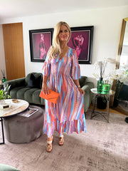 The Trisha - Tie-Dye Print 3/4 Floaty Sleeve Slinky Maxi Dress