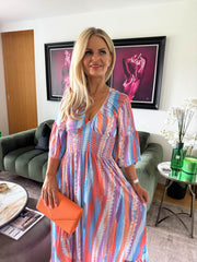 The Trisha - Tie-Dye Print 3/4 Floaty Sleeve Slinky Maxi Dress