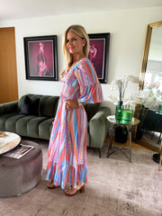 The Trisha - Tie-Dye Print 3/4 Floaty Sleeve Slinky Maxi Dress
