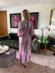 The Trisha - Tie-Dye Print 3/4 Floaty Sleeve Slinky Maxi Dress