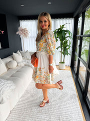 The Viola - Yellow Floral Puff Sleeve Belted Mini Dress