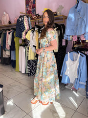 The Taylor - Pastel Spray Paint Gold Foil Print Tiered Maxi Dress