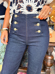The Mabel - Dark Denim Gold Button Detail Flared Jeans