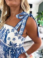 The Julianna - Blue Mosaic Bow Strap Maxi Dress
