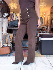 The Mabel - Brown Gold Button Detail Flared Jeans