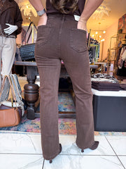 The Mabel - Brown Gold Button Detail Flared Jeans