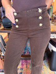 The Mabel - Brown Gold Button Detail Flared Jeans
