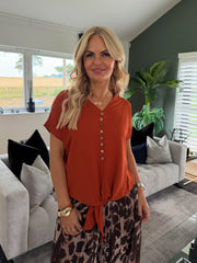 The Kaia - Button Detail V-Neck Tie Front Blouse