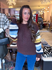 The Juniper - Chocolate Striped Balloon Sleeve Knit