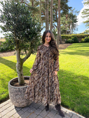 The Penelope - Brown Paisley Print Tiered Midi Dress