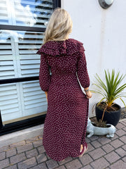 The Lucy - Wine Ruffle Collar Polka Dot Midi Dress