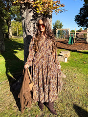 The Penelope - Brown Paisley Print Tiered Midi Dress