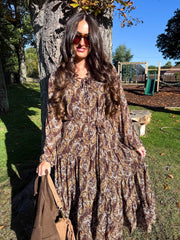 The Penelope - Brown Paisley Print Tiered Midi Dress