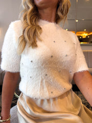 The Sienna - Ivory Short Sleeve Diamante Fluffy Knit