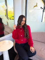 The Ruth - Fluffy Red Pearl Button Cardigan