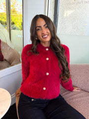 The Ruth - Fluffy Red Pearl Button Cardigan