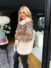 The Amelia - Sequin Leopard Print Coat with Faux Fur Trim Detailing