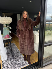 The Emily - Chocolate Oversized Collar Faux Fur Long Coat
