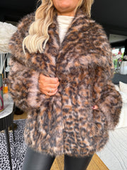 The Poppy - Leopard Oversized Collar Faux Fur Coat