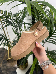 The Tori - Floral Embossed Fur Lined Flat Mules