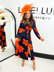 The India - Navy & Orange Floral Square Neck Midi Dress