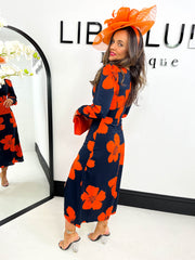 The India - Navy & Orange Floral Square Neck Midi Dress