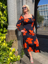 The India - Navy & Orange Floral Square Neck Midi Dress