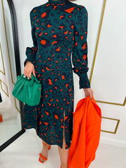The Natasha - Green and Orange Leopard Print Midi Dress