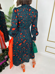 The Natasha - Green and Orange Leopard Print Midi Dress