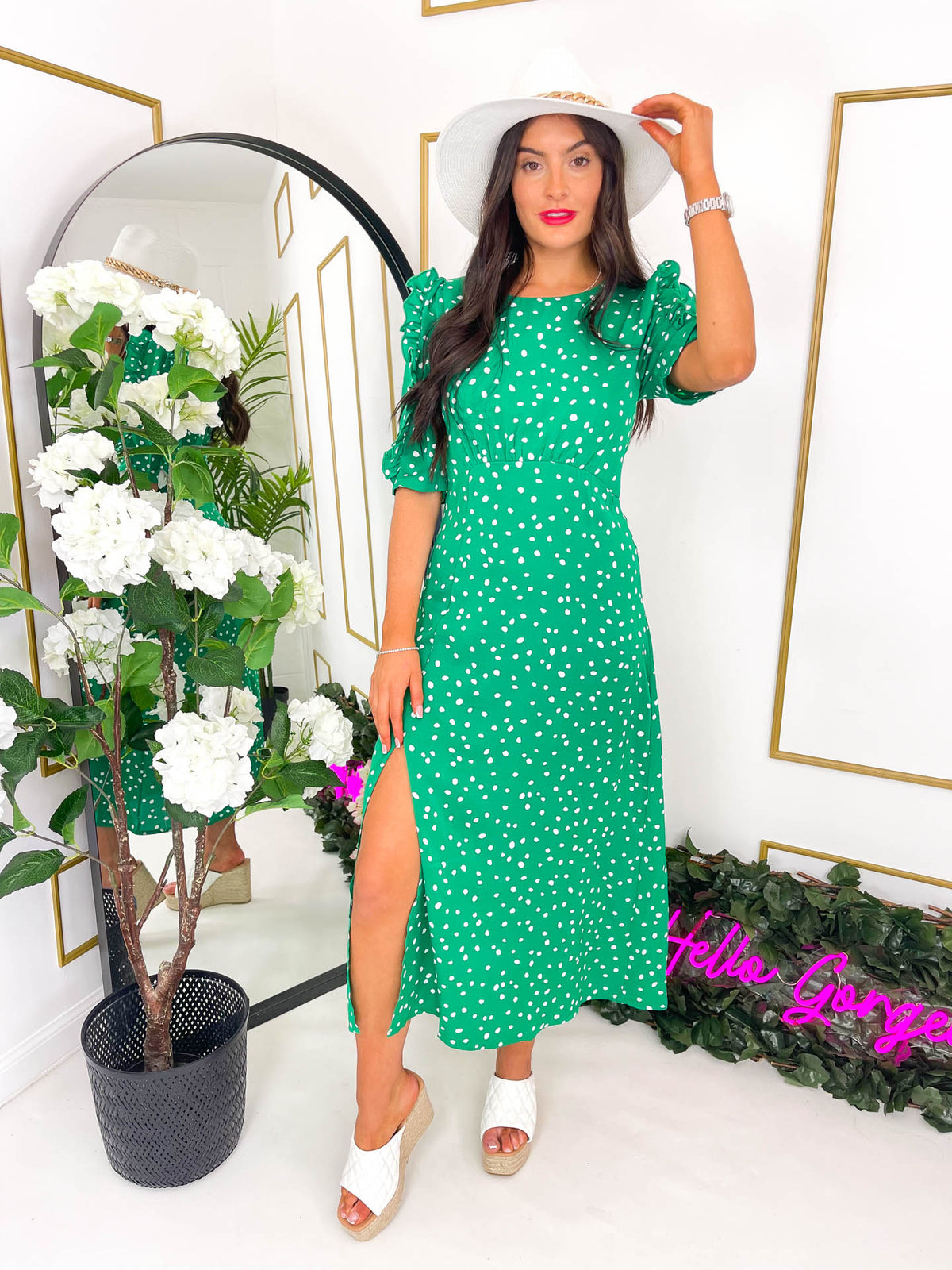 The Adelyn - Green Polka Dot Drill Sleeve Midi Dress