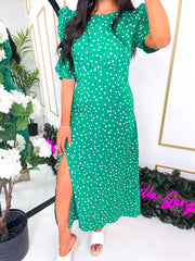 The Adelyn - Green Polka Dot Drill Sleeve Midi Dress