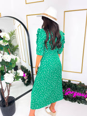 The Adelyn - Green Polka Dot Drill Sleeve Midi Dress